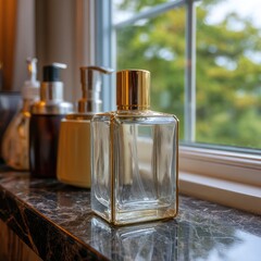 Clear glass perfume bottle on marble windowsill