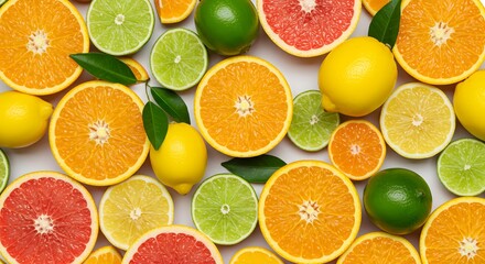 Vibrant Citrus Fruits Background featuring Oranges Lemons Limes Grapefruits juicy slices and leaves