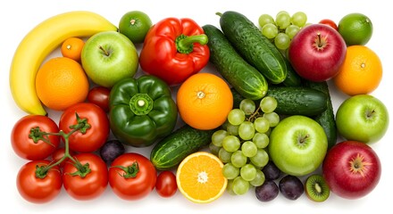 Vibrant assortment of fresh fruits and vegetables including apples, oranges, cucumbers, and peppers on white background