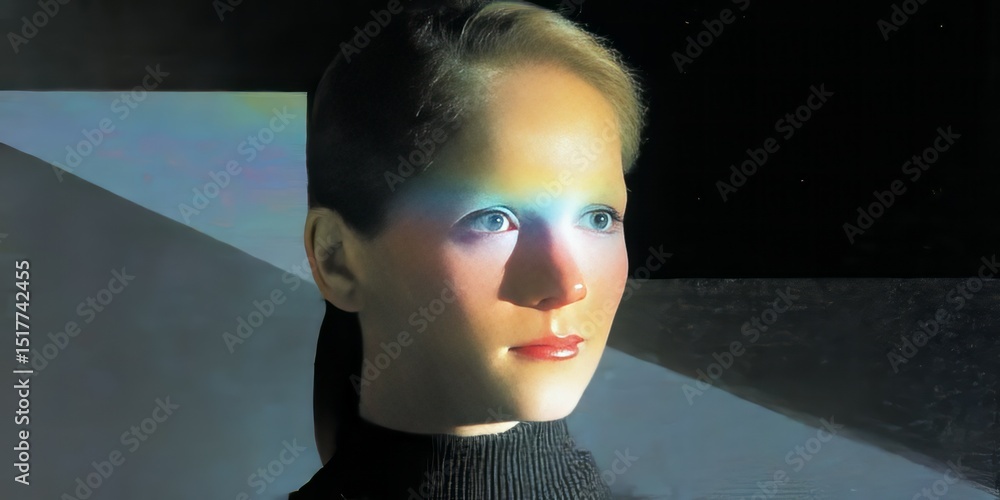 Aufkleber exploration of an abstract figure illuminated by colorful reflections in a cosmic background