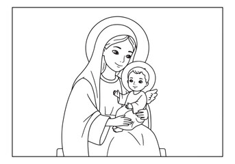 Obraz premium Virgin Mary with Child Jesus, coloring page drawing, vector illu