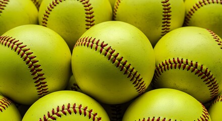 Close-up view of vibrant yellow softballs arranged together showcasing their texture and stitching detail for sports background