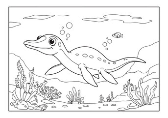 Obraz premium Ophthalmosaurus Aquatic Scene in Black and White Coloring Book S
