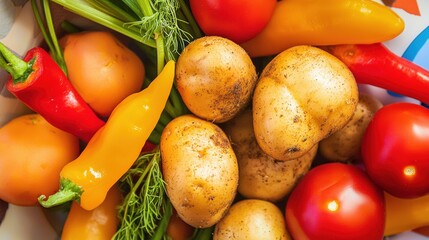 Assorted Colorful Fresh Vegetables Including Potatoes Tomatoes and Peppers Close Up View Perfect for Culinary Still