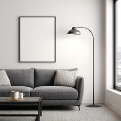 Modern living room, gray couch, floor lamp