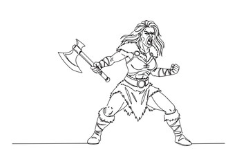Obraz premium Fierce Female Barbarian Warrior with Axe in Continuous Line Art