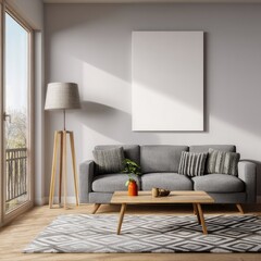 Modern living room with blank canvas