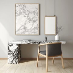Modern minimalist workspace with marble desk and framed art