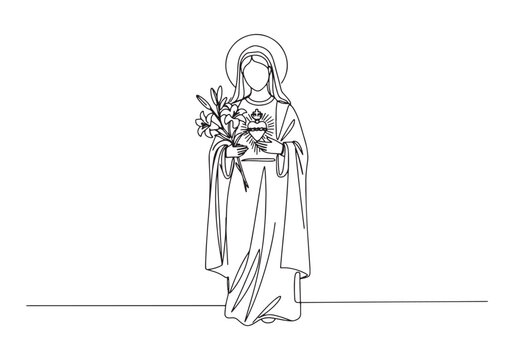 Elegant continuous line drawing of Virgin Mary with lilies illus