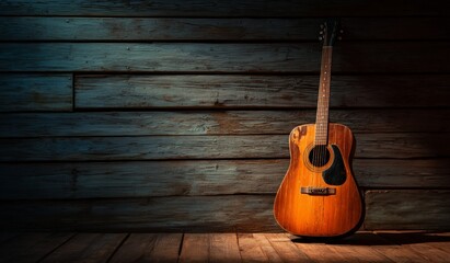 Aged Acoustic Guitar Against Rustic Wooden Wall