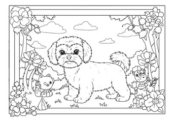 Charming Maltese Dog Coloring Page, An Adorable Black and White