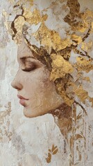 Abstract portrait profile with floral golden accents representing beauty in a serene space setting