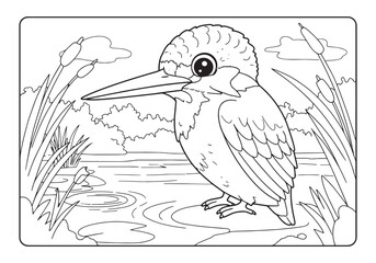 Kingfisher Bird Coloring Page, A Black and White Illustration fo
