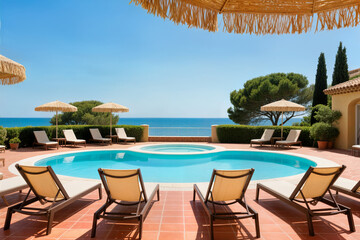 holiday resort area volcanic island place sunbathing sun beds umbrellas beautiful views sea concept complejo vacacional zona isla volcánica lugar tomar sol tumbonas sombrillas bonitas vistas concepto