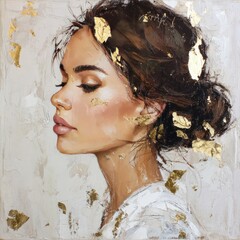 Elegant portrait of a woman with golden accents in an artistic space backdrop