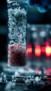 Macro shot of PET plastic flakes suspended in a bioreactor vial, undergoing enzymatic breakdown under precise lab conditions, illuminated by sci-tech neon lighting in a futuristic research environment
