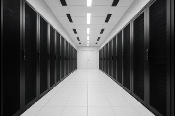 Black and white servers lined up in a long hallway.