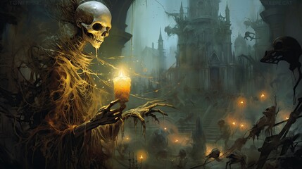 Skeleton Holding a Candle in a Mysterious Dark Fantasy Setting