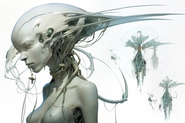 Futuristic alien figure with intricate technological organic designs in ethereal environment