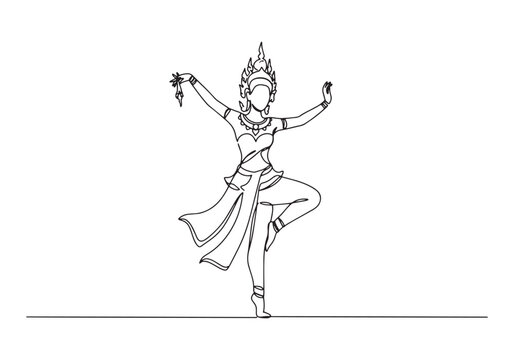 Elegant apsara dancer portrayed in flowing continuous line art s