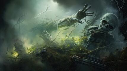 Ethereal depiction of zombie hand emerging from overgrown grave