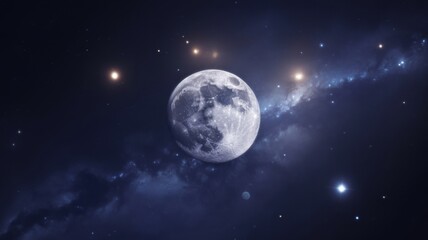 Obraz premium Moon amidst stars and planets, a tranquil celestial alignment in the night sky.