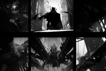 Dark and haunting silhouette of a monstrous figure in a shadowy urban setting