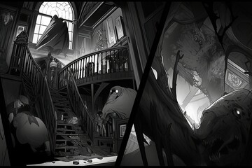 Haunted Gothic Mansion with Mystical Creatures and Eerie Interior Details