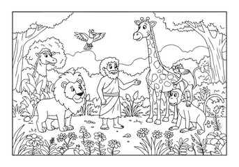 Obraz premium Biblical scene of Adam naming animals in coloring book illustrat