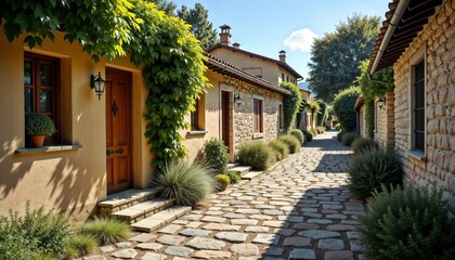 Fototapeta premium Idyllic cobblestone path in a picturesque village with lush greenery and charming houses