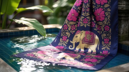 Intricate floral elephant scarf with water droplets, symbolizing Thai Songkran's vibrant renewal.