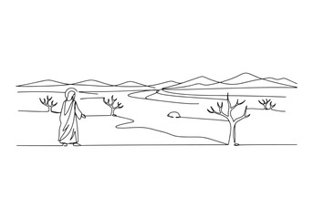 Minimalist one line drawing of Jesus in the desert landscape art
