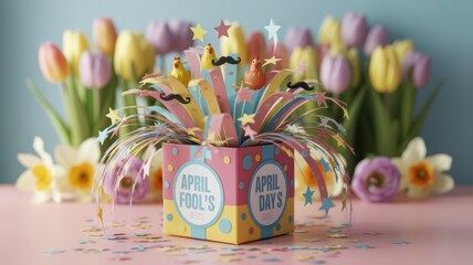 Fototapeta premium Colorful prank gift box with playful confetti, embodying the joy and mischief of April Fool's Day.