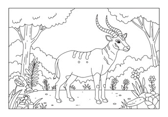 Saola coloring page in a lush forest setting for children's book