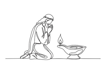 Captivating Continuous Line Art, A Glowing Oil Lamp and Praying