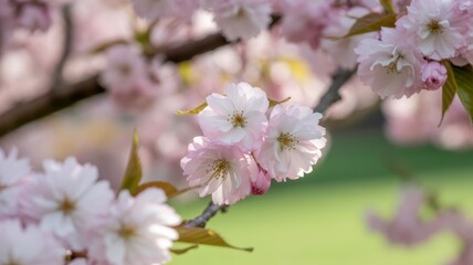 Obraz premium Cherry blossoms bloom in soft sunlight, symbolizing renewal and harmony.