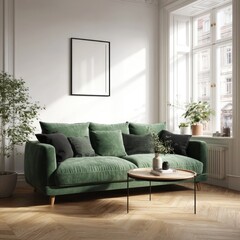 Green velvet couch, white walls, sunny room