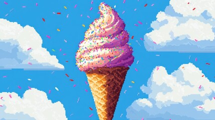 Pixel art ice cream cone, clouds
