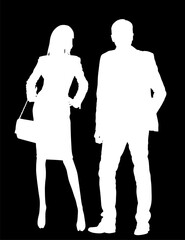 Business people handsome couple woman and man posing vector silhouette illustration isolated. Fashion pose attractive girl boy shape. Sexy lady. Female, male figure shadow. Glamour top model casting.