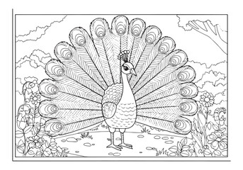 Detailed peafowl illustration in a coloring book style from the
