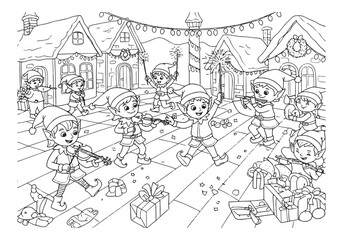Fototapeta premium Festive elves coloring page illustration spreading cheer in wint