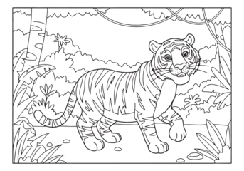  Bengal tiger walking in jungle scene, coloring page illustration © Cici