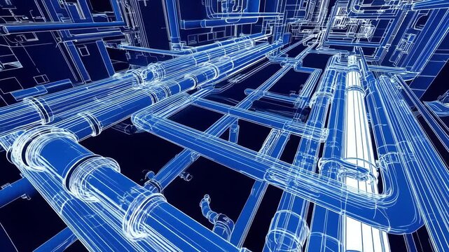 Blueprint style illustration of industrial pipe system and architecture, showing complex network of interconnected pipes, valves, and fittings engineering and construction, with wireframe design