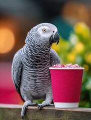 Colorful Parrot Close-Up with Beak on Fresh Natural Produce