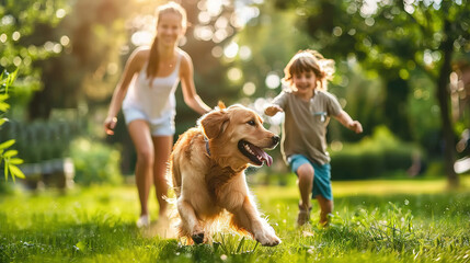 Obraz premium Mother and her child are happily running and playing with the golden retriever on the lawn outdoors