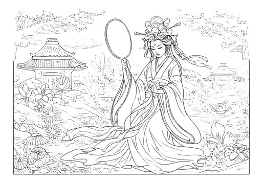 Izanami coloring page in a japanese garden black and white illus