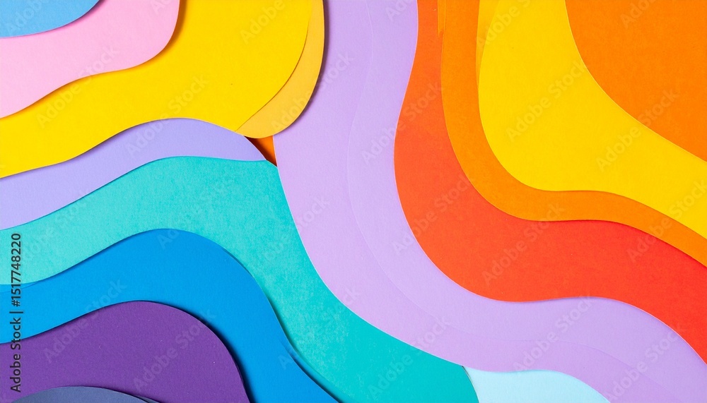Poster abstract paper cut-out style background in layered colorful patterns, evoking a crafty and fun kinde