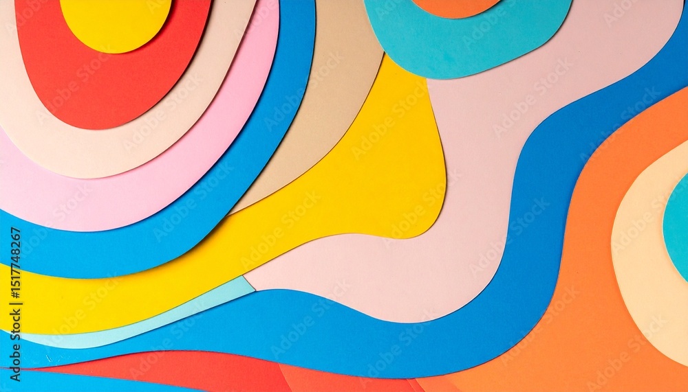Poster abstract paper cut-out style background in layered colorful patterns, evoking a crafty and fun kinde