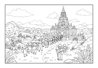 Obraz premium Pilgrimage to Sacred Temple, Coloring Book Page with Black and W