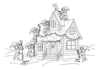 Obraz premium Festive Elves Decorating a Cozy House with Lights in Coloring Bo